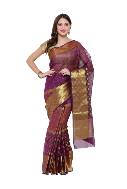 Avishi Purple Cotton Zari Work Saree With Blouse Price in India