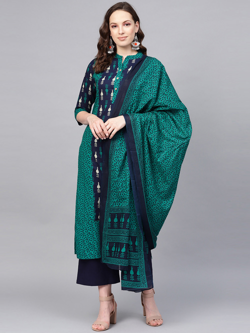 Jaipur Kurti Green & Navy Cotton Printed Kurta Palazzo Set With Dupatta Price in India