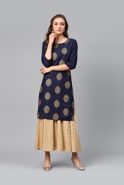 Juniper Navy Printed Straight Kurti Price in India