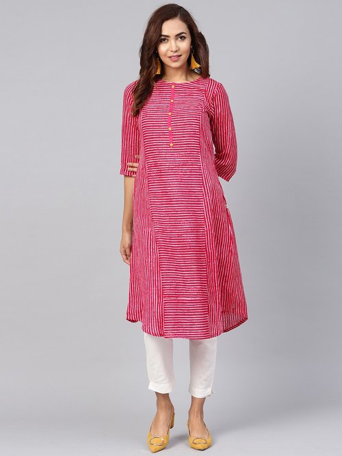 Juniper Fuchsia Cotton Striped A Line Kurti Price in India