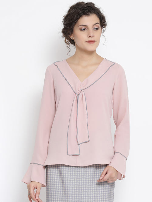 Office & You Pink Georgette Drape Neck Top With Tie Up Price in India