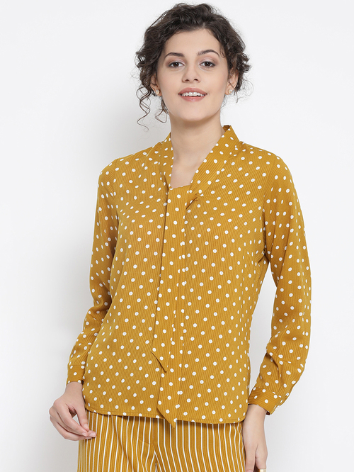 Office & You Yellow & White Polka Top With Tie Knot Price in India