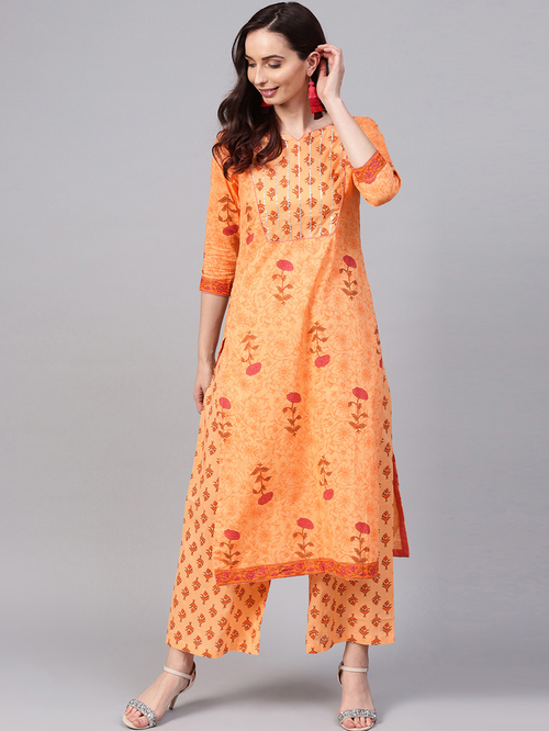 Ishin Orange Floral Print Kurta Palazzo Set Price in India