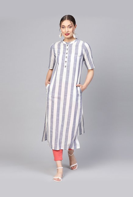 Jaipur Kurti Blue & White Cotton Striped Straight Kurti Price in India