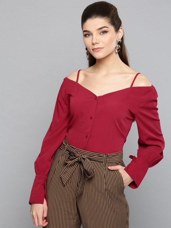 Casual Cuffed Sleeve Solid Women Maroon Top Price in India