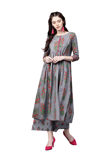 Ishin Grey Floral Print Kurti Palazzo Set Price in India