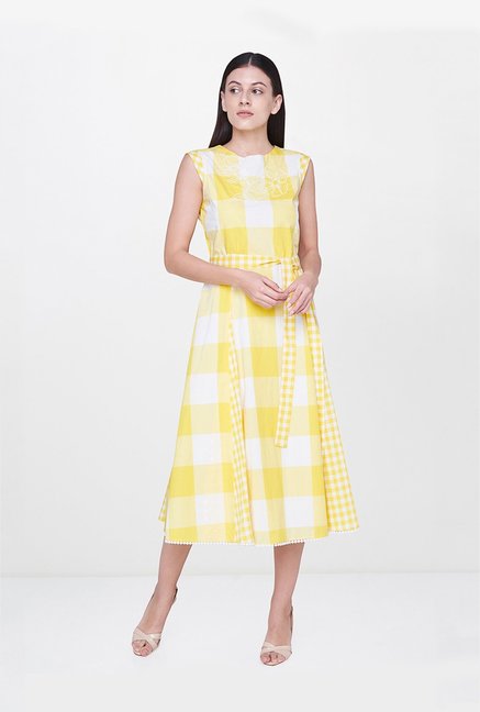 AND Yellow & White Checks Midi Dress Price in India