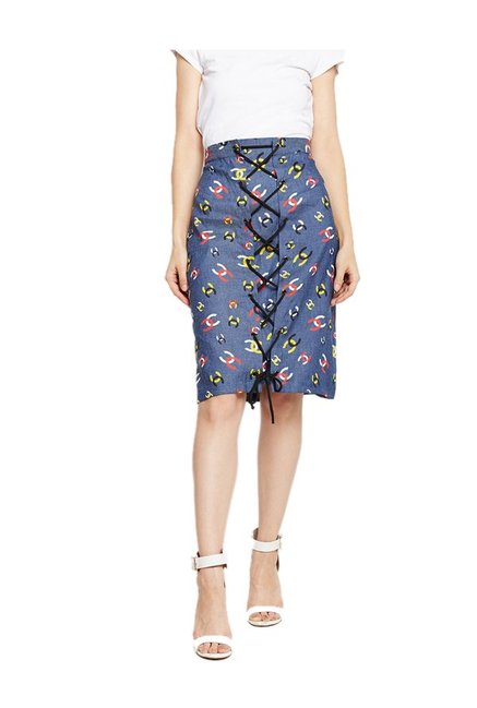 MEEE Navy Printed Knee Length Cotton Skirt Price in India