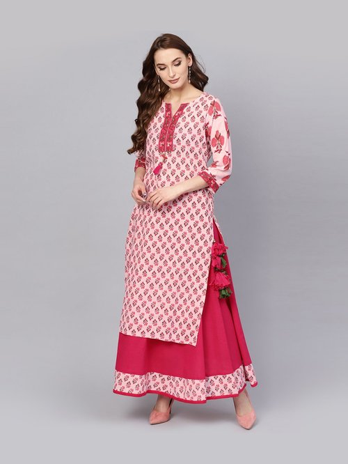 Jaipur Kurti Pink Cotton Floral Print Kurti Skirt Set Price in India