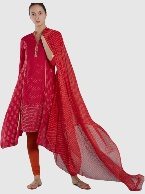 Imara Pink & Orange Printed Kurta Churidar Set With Dupatta Price in India