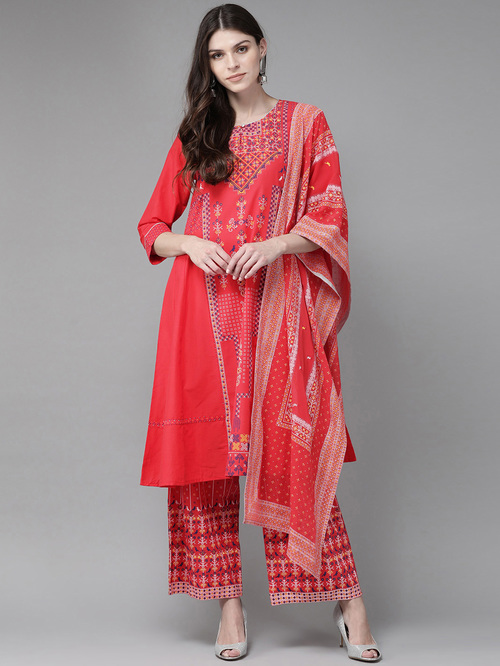 Juniper Red Cotton Printed Kurta Palazzo Set With Dupatta Price in India