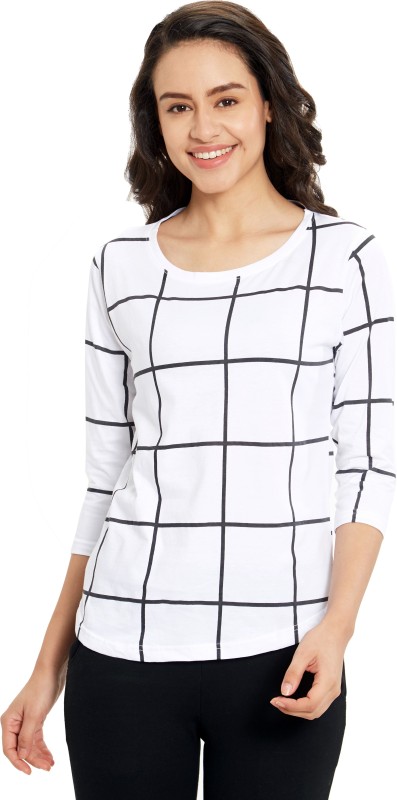 Checkered Women Round Neck White, Black T-Shirt Price in India