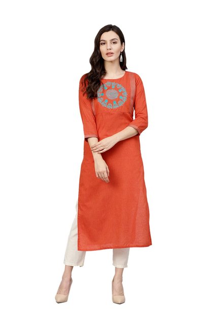 Varanga Orange Embroidered Cotton Kurta Price in India