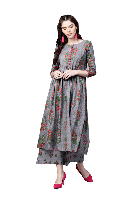 Ishin Grey Floral Print Kurti Palazzo Set Price in India