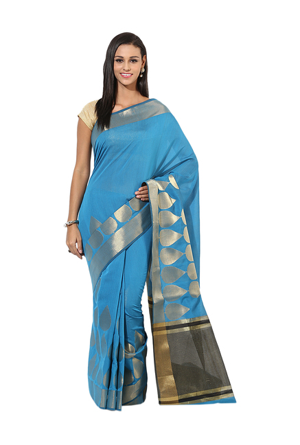 Avishi Blue Cotton Zari Work Banarasi Saree With Blouse Price in India