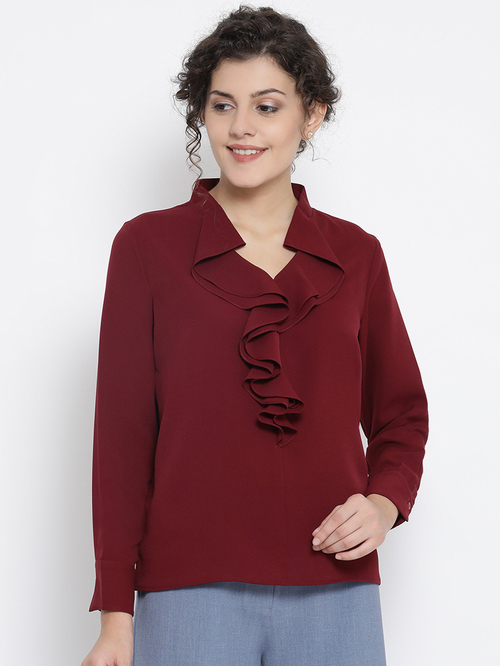 Office & You Prune Georgette Top With Drape Collar Price in India