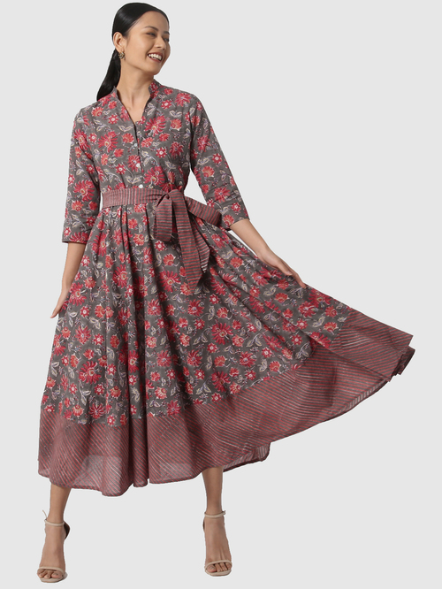 Okhai Prolific Grey Pure Cotton Floral Print A-Line Dress Price in India
