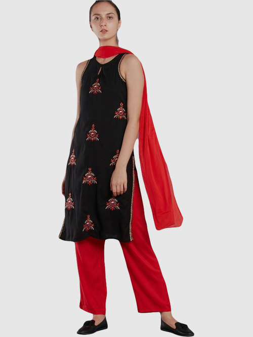 Imara Black & Red Embroidered Kurta Pant Set With Dupatta Price in India