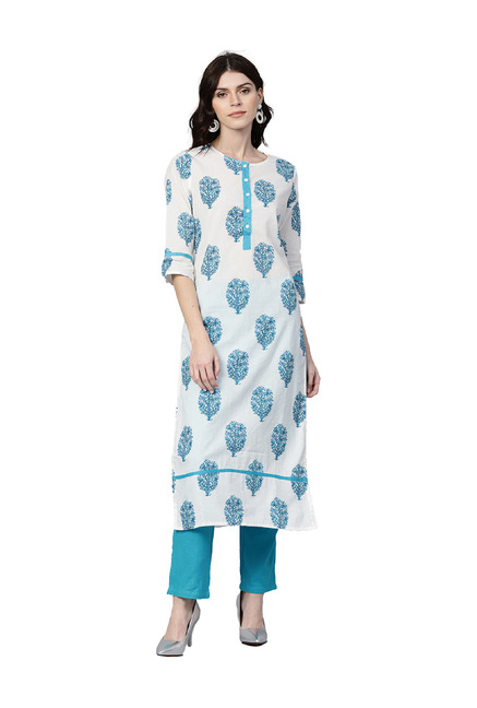 Jaipur Kurti White & Turquoise Cotton Kurta With Pants Price in India