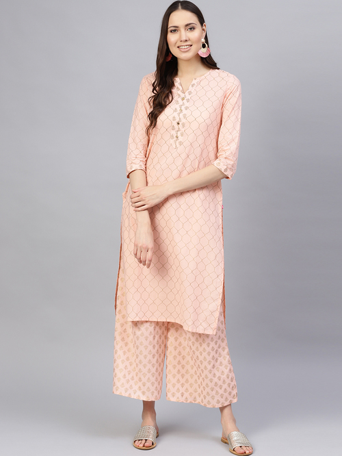 Varanga Peach Printed Kurti Palazzo Set Price in India