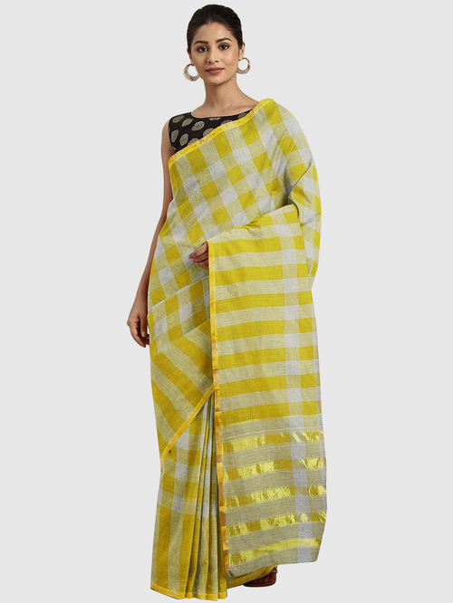 Pavecha's Yellow & Off-White Cotton Chequered Saree With Blouse Price in India