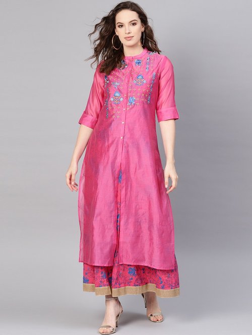 Juniper Pink Embroidered Straight Double Layered Kurti Price in India