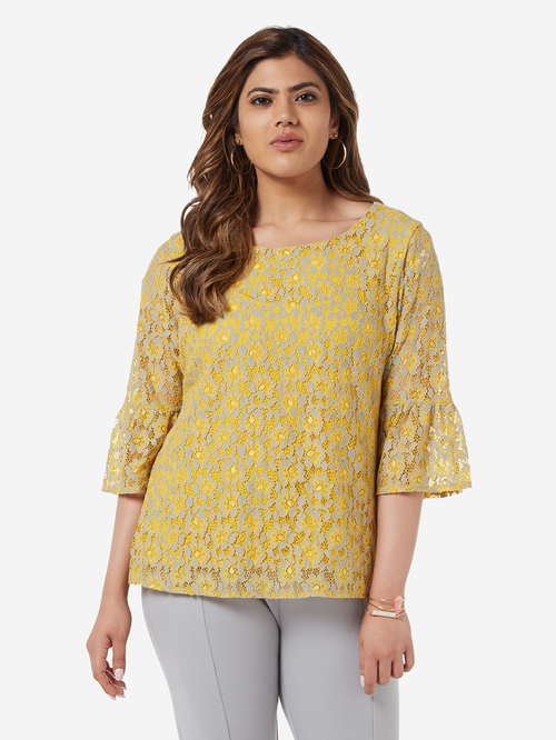 Gia Curve by Westside Ochre Floral Lace Dorothy Top Price in India