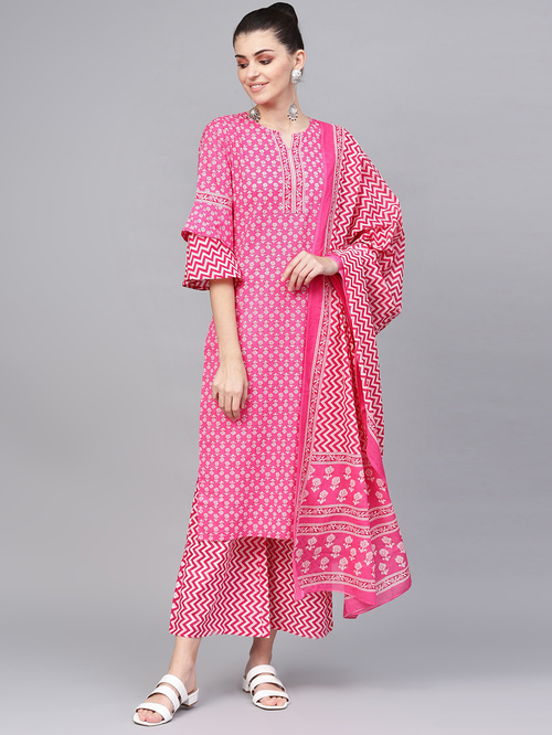 Jaipur Kurti Pink Cotton Floral Print 