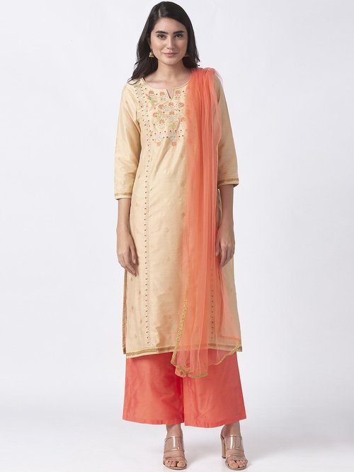 Ethnicity Beige & Coral Embroidered Kurti Palazzo Set With Dupatta Price in India