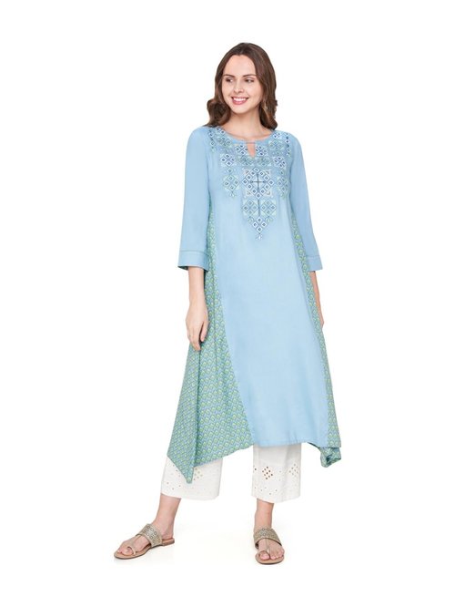 Global Desi Light Blue Printed Kurta Price in India