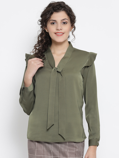 Office & You Olive Green Top With Tie Knot Price in India