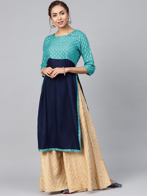 Juniper Navy & Turquoise Printed Straight Kurti Price in India