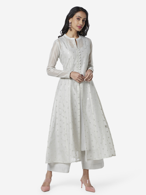 Vark by Westside Grey A-Line Kurta, Inner And Palazzos Set Price in India