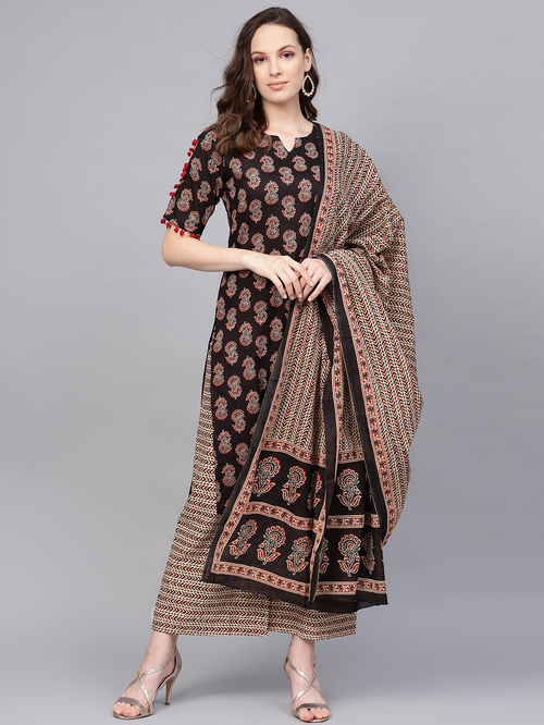 Jaipur Kurti Black & Beige Cotton Floral Print Kurta Palazzo Set With Dupatta Price in India