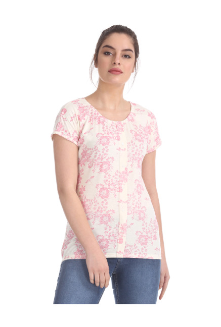 Cherokee By Unlimited  Ecru Floral Print T-Shirt Price in India