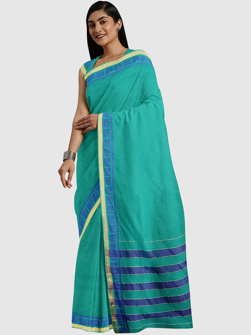 Pavecha's Cyan Blue Cotton Saree With Blouse Price in India