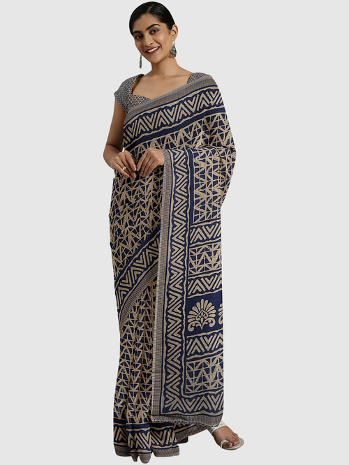 Pavecha's Navy & Beige Printed Saree With Blouse Price in India
