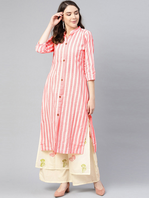 Ishin Pink & Beige Cotton Printed Kurta Palazzo Set Price in India