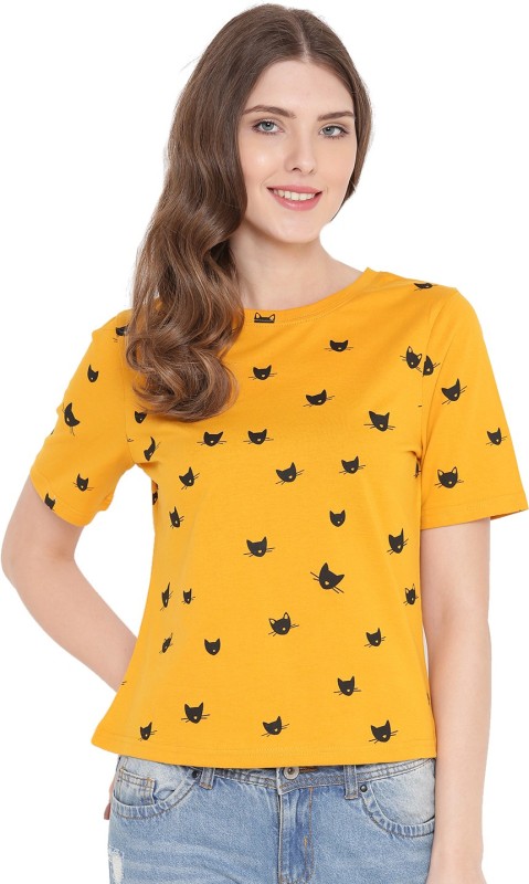 Casual Half Sleeve Printed Women Yellow Top Price in India