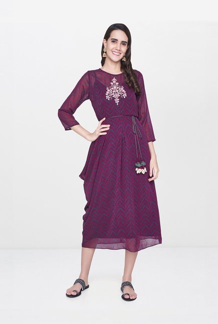 Global Desi Rose & Grey Embroidered Below Knee Dress Price in India