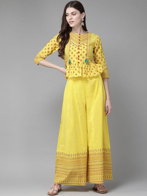 Juniper Yellow Printed Crop Top Palazzo Set Price in India