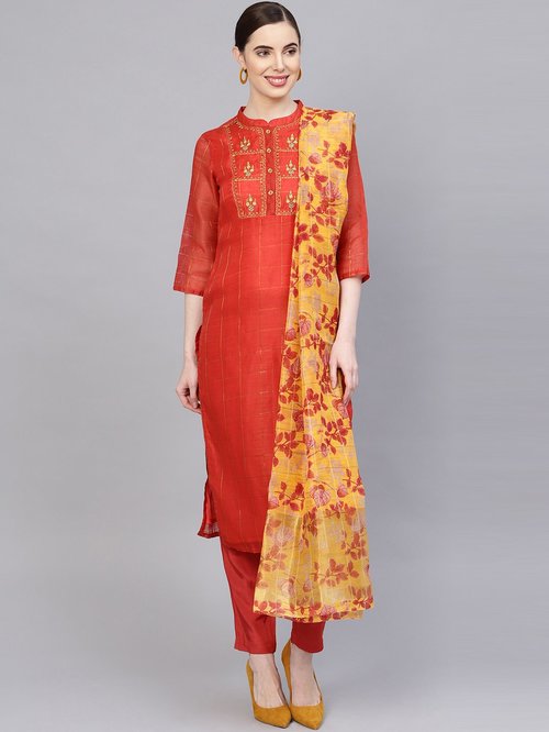 Jaipur Kurti Red Embroidered Kurti Pant Set With Dupatta Price in India