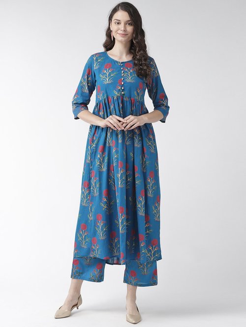 Rangmayee Blue Cotton Floral Print Kurti Palazzo Set Price in India