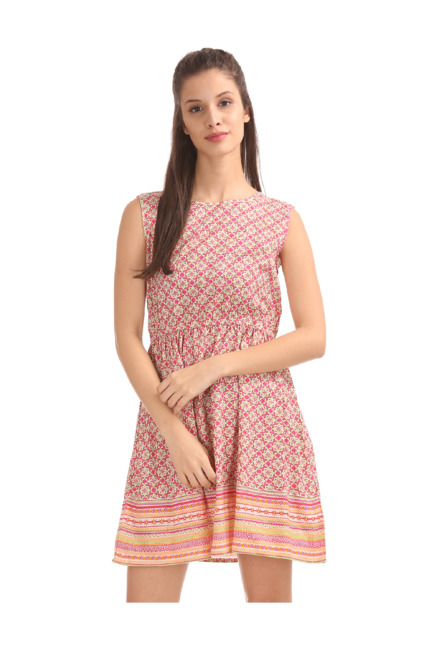 Bronz By Unlimited Pink & Beige Printed Above Knee Dress Price in India