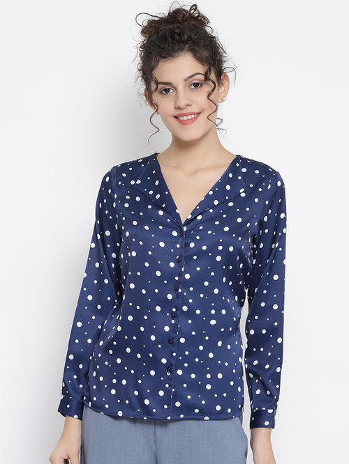 Office & You Blue & White Silk Polka Top Price in India