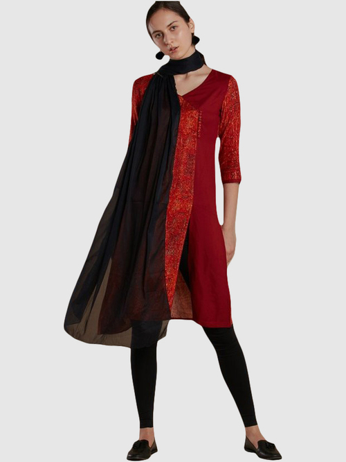 Imara Rust & Black Zari Work Kurta Leggings Set With Dupatta Price in India