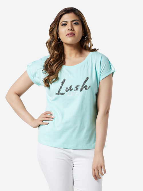 Sassy Soda Curve by Westside Turquoise Text Printed T-Shirt Price in India