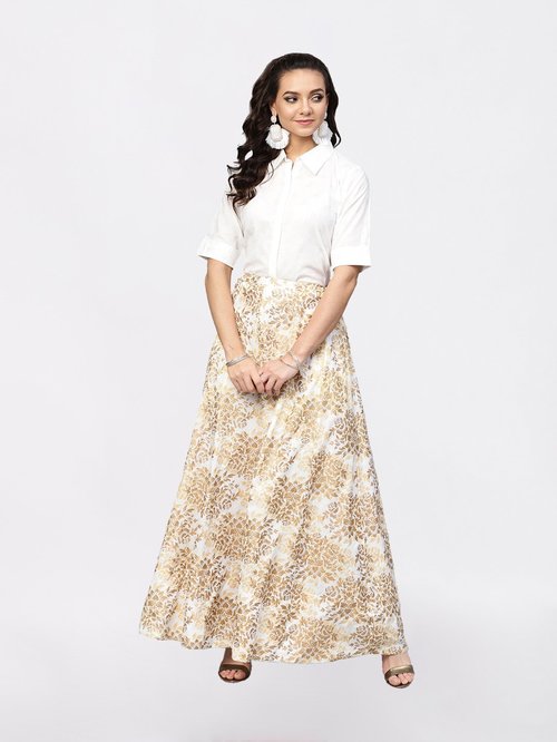 Ahalyaa White & Beige Cotton Printed Top Skirt Set Price in India