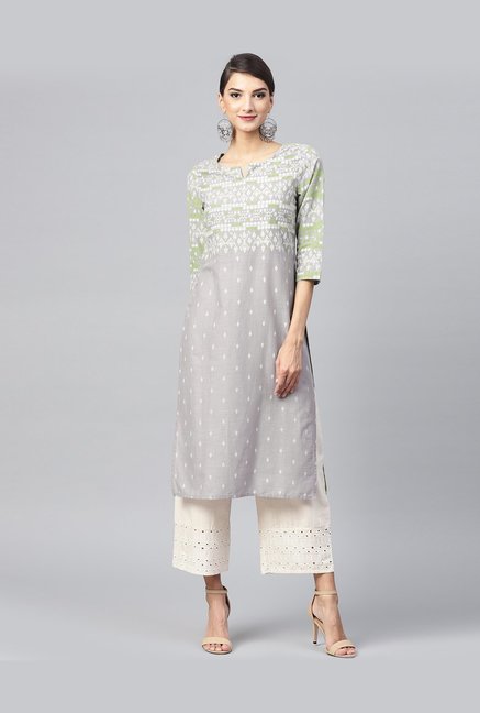 Juniper Grey Cotton Printed Straight Kurti Price in India