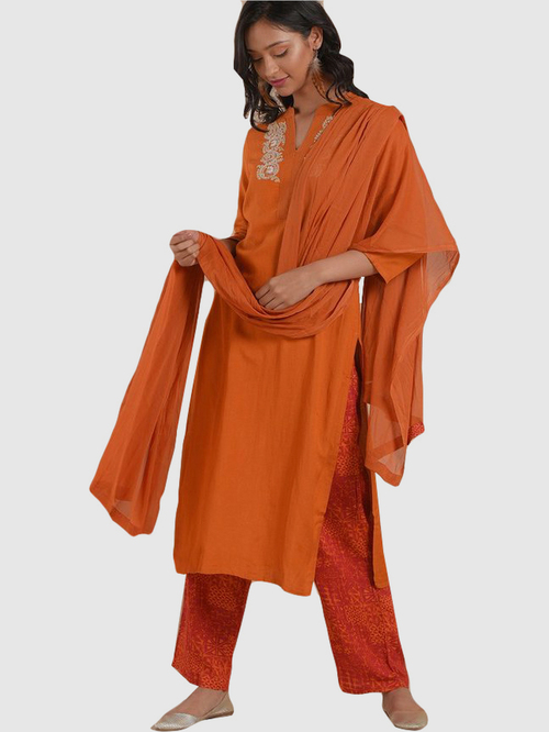 Imara Orange Embroidered Kurta Pant Set With Dupatta Price in India